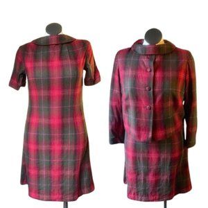 1960’s Vintage Red Green Wool Dress and Blazer Jacket Set Handmade Medium Large